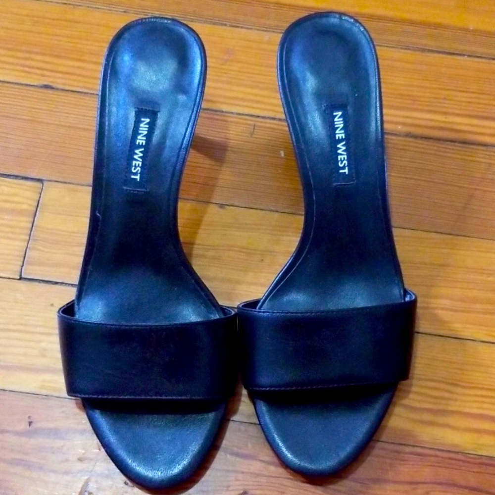 New wTag Nine West kitten heel mule slides 7.5 black leather womens sandals Y2k